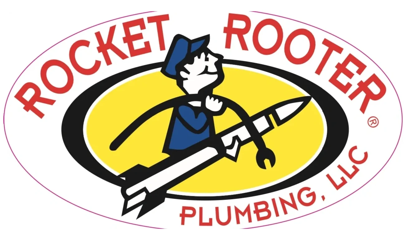 Logo of Rocket Room Plumbing featuring a worker holding a wrench and a rocket.